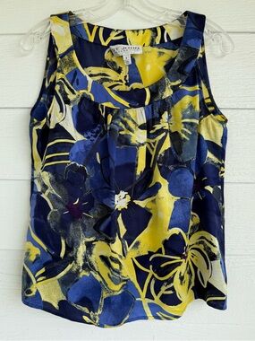 St. John Collection 100% Silk Navy & Yellow Floral Sleeveless Top